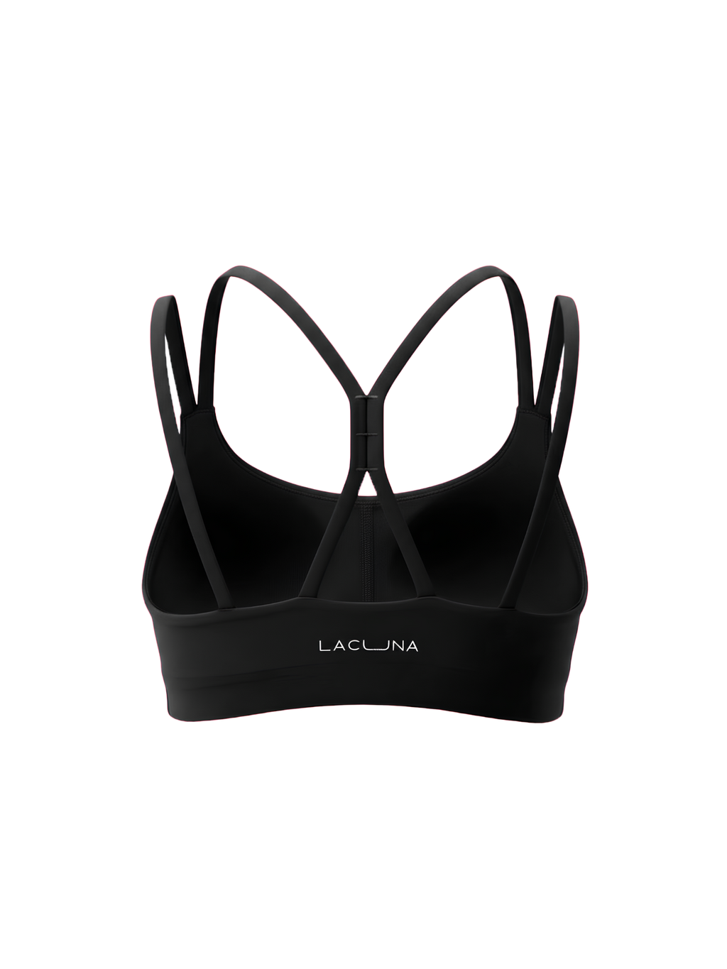 Black sports bra with a wide underband and crisscross back straps, featuring the brand name 'LACUNA' printed in white on the front