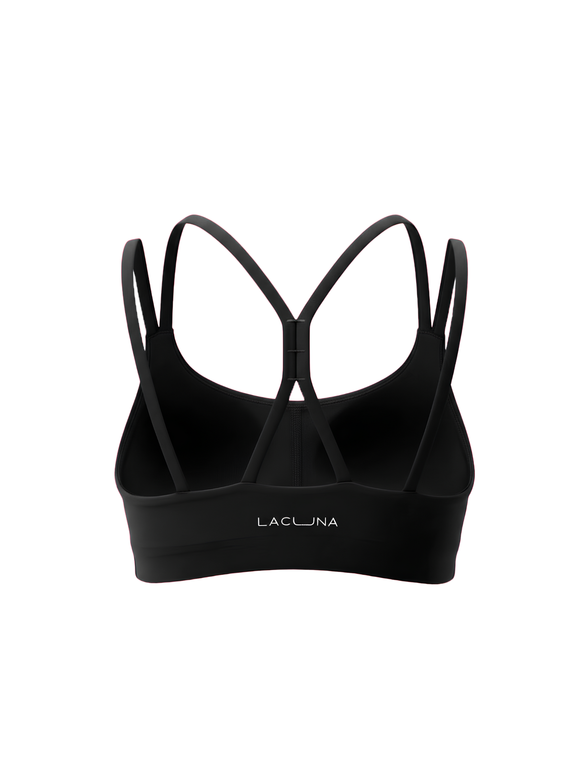 Black sports bra with a wide underband and crisscross back straps, featuring the brand name 'LACUNA' printed in white on the front