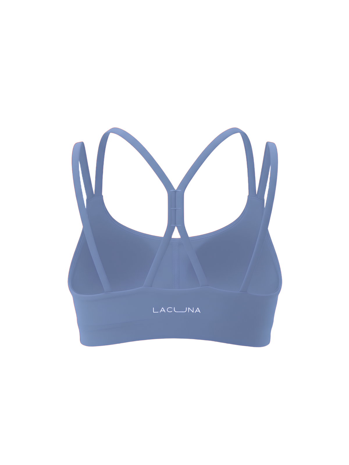 A light blue sports bra with thin crossover back straps and the brand name 'LACUNA' printed in white on the front band, Sky